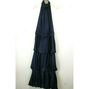 VINTAGE SANSAPPELLE Navy Maxi Long Gown 14 LARGE Halter Open Back Sparkle Tiered
